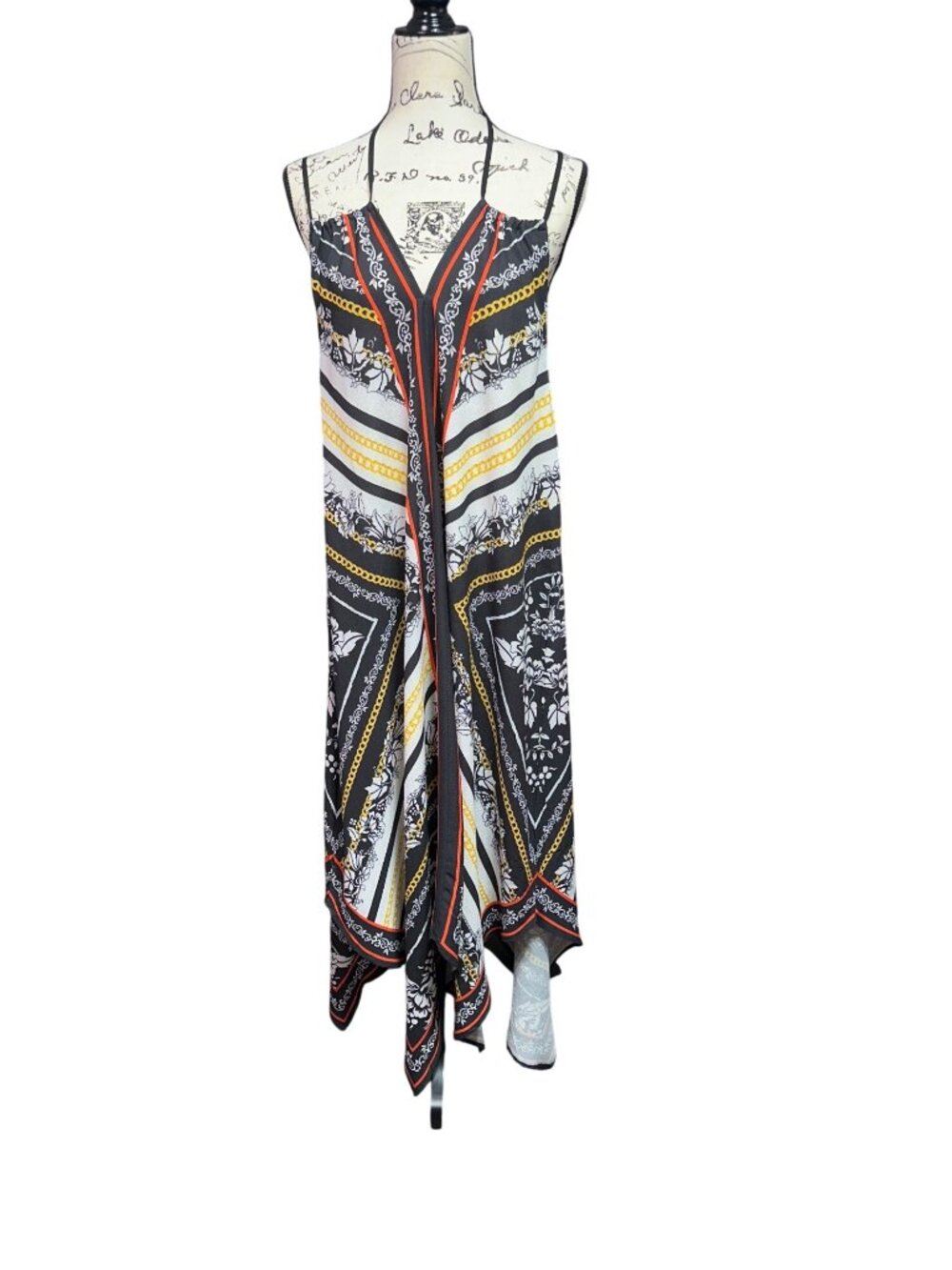 Floral & Stripe Handkerchief Hem Spaghetti Strap Midi Dress Black/Yellow/White S